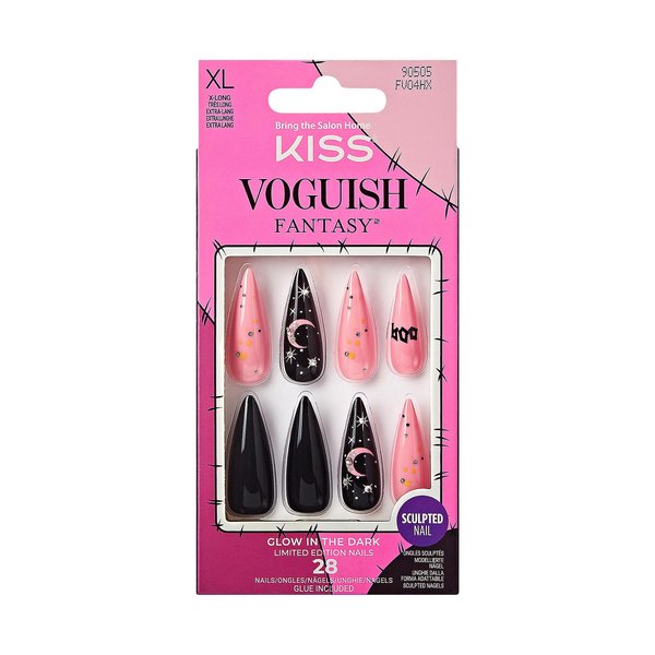 KISS Voguish Fantasy Halloween Nails, Black & Pink, X-Long Length, Stiletto Shape, Pink Gel Nail Glue (2g), Mini Nail File, Manicure Stick, & 28 Fake Nails