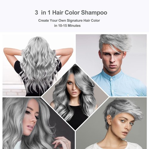 Fvquhvo Instant Silver Gray Hair Color Shampoo (3 in 1), 16.9 Fl Oz, Long Lasting,Unscented,Natural Dye Shampoo for Women Men