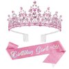 SuPoo Pink Birthday Crowns Birthday Sash and Crown Kit Birthday Tiara Rhinestones Metal Crown with Comb Glitter Birthday Girls Sash Crystal Headband Princess Tiaras for Girl Happy Birthday Decorations