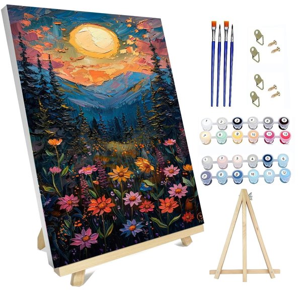 hyzsj Paint by Number for Adults Framed Canvas, DIY Flowers Mountain Arts and Crafts for Adults Beginner with Wooden Easel, Paint Brushes, Acrylic Paint Set for Home Wall Decor（Sunset 16x20inch