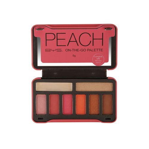 BYS On-The-Go Peach Eyeshadow Palette with Primer Highlighter and Mirror, 6 Eyeshadows, 1 Highlight, 1 Prime
