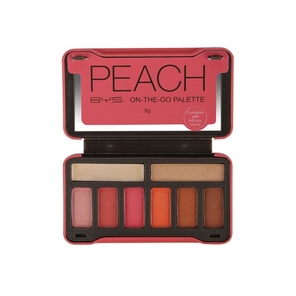BYS On-The-Go Peach Eyeshadow Palette with Primer Highlighter and Mirror, 6 Eyeshadows, 1 Highlight, 1 Prime