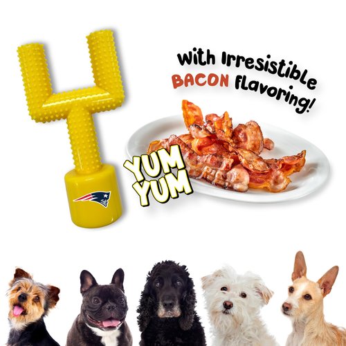 NFL New England Patriots Mega-Chew Hard Nylon Bacon-Flavored Dog Bone Football Goal Post Chew Toy. Interactive Tasty Fun Dog Chew Toy Indestructible Strong & Durable Pet Chew Toy. Extra Tough Dog Toys