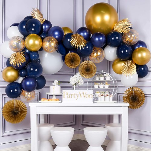 PartyWoo Navy Gold Balloon Arch Kit, 71 pcs Blue and Gold Balloons Pack of Gold Balloons, Navy Blue Balloons, Paper Fans and Gold Confetti Balloons