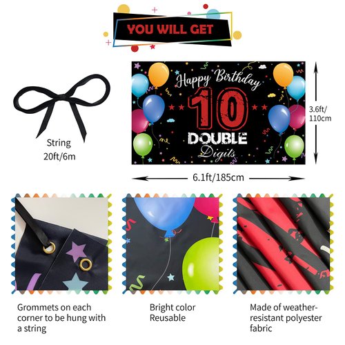 HTDZZI Happy 10th Birthday Backdrop Banner, 10th Birthday Decorations for Girls Boys, Double Digits 10 Year Old Birthday Party Yard Sign Photo Props Decor for Outdoor Indoor, Fabric, Sturdy