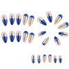 Blue Press on Nails Almond Medium Artificial False Nails Blue Rhinestones Gold Foil Design Acrylic Nails Full Cover Glossy Coffin Fake Nails Charm French Stick on Nails Set Glue on Nails for Women