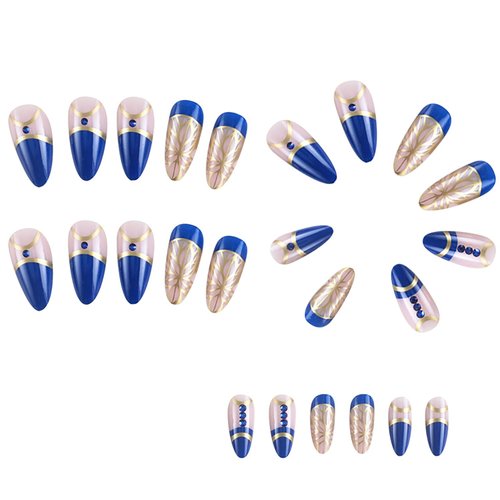 Blue Press on Nails Almond Medium Artificial False Nails Blue Rhinestones Gold Foil Design Acrylic Nails Full Cover Glossy Coffin Fake Nails Charm French Stick on Nails Set Glue on Nails for Women