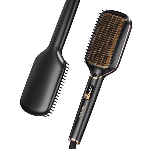 PRITECH Hair Straightening Brush Ionic 250-450°F Fasting Heating Anti-Scald & Auto-Off, Flat Iron Comb Teeth Dual-Voltage Brush Straightener Hot Brush Ionizer Anti-Frizz (Black)