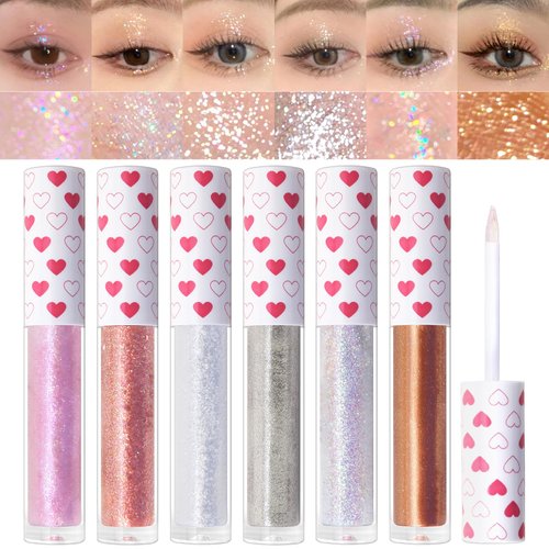 Erinde 6PCS Liquid Glitter Eyeshadow Eyeliner, Korean Makeup Sparkling Shimmer Eye Shadow, Long Lasting, Quick Drying & Pigmented Loose Glitter Glue for Crystals Make Up