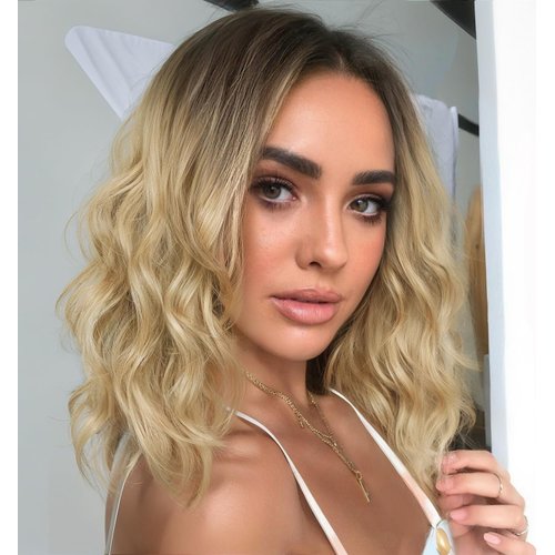 Ombre Blonde Wigs for Women Short Blond Wavy Wigs 14Inch Middle Part Blonde Curly Wavy Wig Synthetic Lace Front Natural Hairline Wigs Natural Looking Heat Resistant Fiber Wig for Daily Party Use