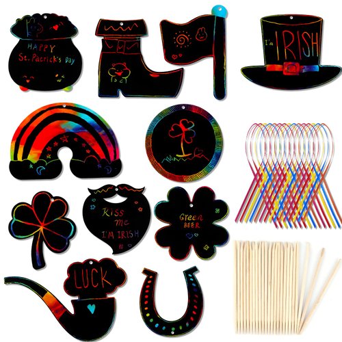 HOWAF St. Patrick's Day Scratch Paper Art Set, 24 Pieces Rainbow Magic Scratch Art with Clover Cap Patterns for Irish Party Supplies, Scratch Painting with Wooden Stylus and Ribbon for Kids DIY Gift