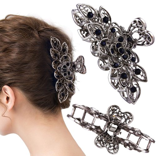 CROWN GUIDE Fancy Hair Claw Jaw Clips Pins For Womens, Vintage Rhinestone Crystal Flowers Hair Barrette for Thick Hair Accessories Navy Blue
