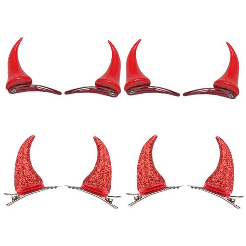 DALJIAFA 4 Pairs Halloween Devil Horns Hair Clips Demon Vampire Cow Ears Barrettes Red Women Headpiece Hair Pins Hairpins Hairclips Cosplay Dress Up Holiday Festival Parade Birthday Party Accessories
