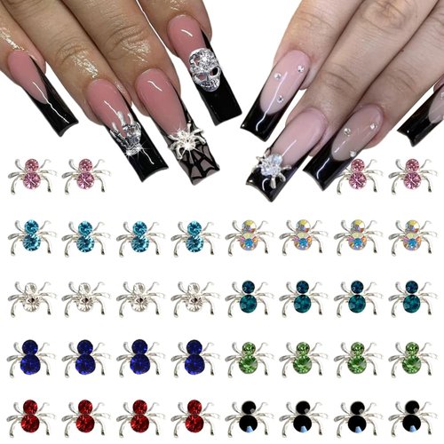 SHANRUN 36 Pcs Spider Nail Charms Halloween Decor Silver Rhinestones Nail Charms for Acrylic Nails,Alloy Nail Charms with Mix Color Gem Sparkling Spider Nail Decoration for Press on Nails DIY Design