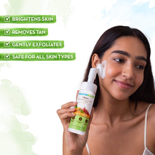 MAMAEARTH Ubtan Detan Foaming Face Wash with in-built Brush | Gentle Hydrating Facial Cleanser for Tan Removal | with Turmeric & Saffron Extract | 5.07 Fl Oz (150ml)