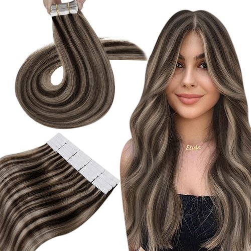 Tape in Remy Hair Extensions Human Hair Dark Brown Highlighted with Ash Blonde Tape in Human Hair Extensions Invisible Tape Hair Extensions for Women 12 Inch 40g