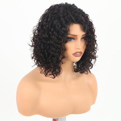 ManeMajesty Short Curly Human Hair Wigs for Black Women Deep Curly Glueless Wig Jerry Curl Side Part Lace Front Wigs 100% Brazilian Remy Human Hair Ready to Go Lace Bob Wig 10 Inch 12A Natural Color