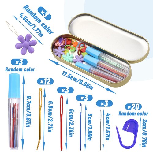 48PCS Assorted Yarn Needle Bent Tapestry Needles, Darning Needle Weaving Needles, 3 Sizes Big Eye Blunt Knitting Needles with 20 Stitch Markers, Storage Box, Needle Threader for Knitting Crochet