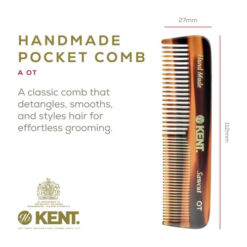 Kent A OT Double Tooth Hair Pocket Comb, Small Fine / Wide Tooth Comb For Hair, Beard and Mustache, Coarse / Fine Hair Grooming Comb for Men, Women and Kids. Saw Cut Hand Polished. Handmade in England