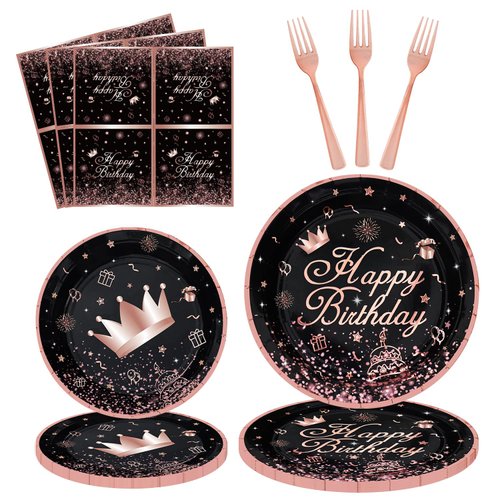 160Pcs Black and Rose Gold Party Decoration Rose Gold & Black Party Supplies Rose Gold and Black Birthday Party Supplies Black Rose Gold Dinnerware Set-Plate, Napkin for Women Girl Birthday decoration