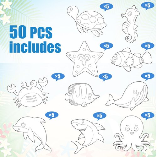 JarThenaAMCS 50Pcs Unfinished Ocean Animals Cutouts for Kids Color Your Own Summer Sea Animals Coloring Crafts Kit Hanging Ornament Card for Home School Classroom Party Favors DIY Crafts