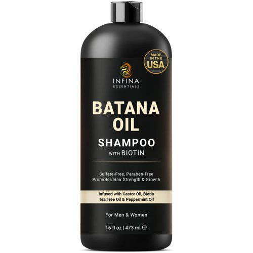 INFINA ESSENTIALS Batana Oil Shampoo with Biotin & Tea Tree Oil - Hair Growth & Thickening Shampoo for Men & Women - Sulfate Free, Promotes Hair Strength & Hydration, 16 fl oz