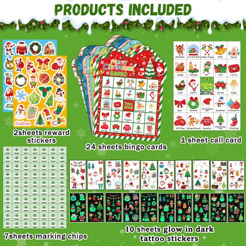 43Pcs Christmas Bingo Games for Kids Adults 24 Players Christmas Bingo Cards with Reward Stickers Christmas Tattoos for Kids Glow in The Dark for Family Party School Indoor Games Activities