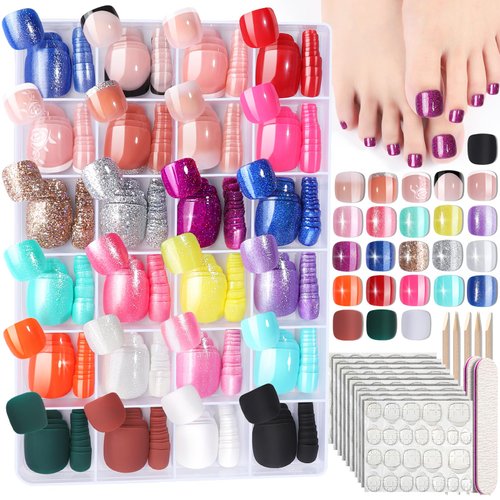FANDAMEI Press on Toenails, 24 Colors 576PCS Press on Toe Nails Short, French Tip Toe Nails Press on, Glitter Press on Toenails, Matte Glossy Press on Toes Nails, Fake Toe Nails for Nail Art