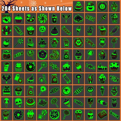 Leesgel 204 Pieces Halloween Tattoo Set for Halloween Non-Candy Treats, Glows Temporary Tattoos Special for Halloween Party Favors, Individually Wrapped Halloween Goodie Bag Stuffers for Kids