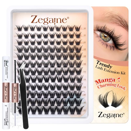Natural Eyelash Extensions Kit Manga Lash Clusters Fluffy Eyelash Clusters Cat Eye 10-16MM Long C Curl Wispy Individual Lashes DIY Lash Extension Kit with Lash Bond & Seal, Tweezers 120Pcs by Zegaine