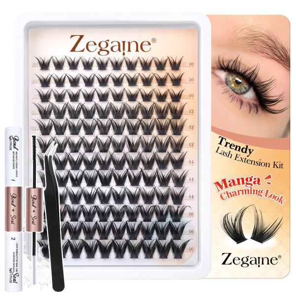 Natural Eyelash Extensions Kit Manga Lash Clusters Fluffy Eyelash Clusters Cat Eye 10-16MM Long C Curl Wispy Individual Lashes DIY Lash Extension Kit with Lash Bond & Seal, Tweezers 120Pcs by Zegaine