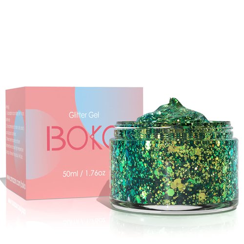 Boko 1.76oz Body Glitter Gel, Chameleon Emerald Liquid Chunky Glitter Lotion Mermaid Sequins for Face Hair Body Makeup, Christmas Coachella St Patrick's Day Mardi Gras Rave Accessories - Siren Jade