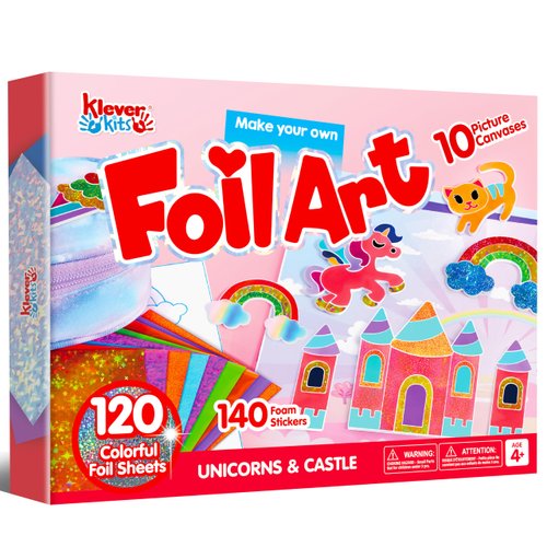 Klever Kits Foil Art Kit for Kids - Arts & Crafts Supplies, Mess Free Coloring, Foil Foam Stickers, Creative Travel Toys, Birthday Gifts for Boys & Girls Ages 4 and Up