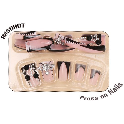 IMSOHOT Duck Press on Nails Black French Tips Fake Nails with Duckbill Designs Full Cover Rhinestone & Butterfly Acrylic False Nails Medium Y2K Duck Feet Shape Glossy Glue on Nails Manicure Nails Kit