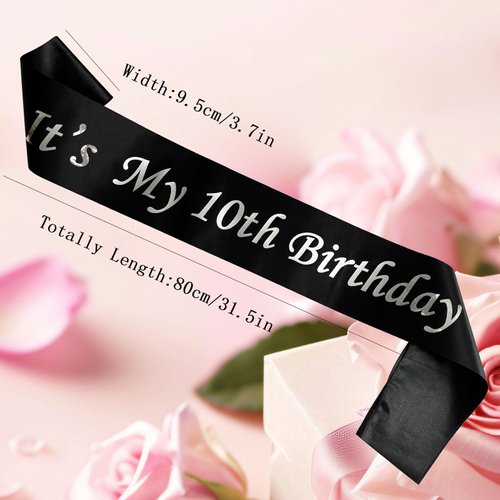 It’s My 10th Birthday Sash,Silver Foil Letter Happy 10th Birthday Sash Party Favors Decoration for Birthday Girls Boys Black
