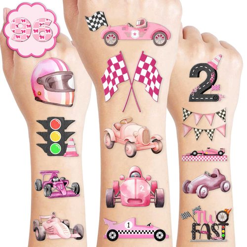 100 PCS Pink Race Car Temporary Tattoos Birthday Party Decorations Supplies Favors Pink Two Fast ...