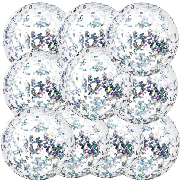 Civaner 10 Pieces Inflatable Beach Balls Glitter Christmas Swimming Pool Balls Christmas Outdoor Decor Ball Ornaments Floatable Confetti Ball for Beach Party Xmas Party Favor, 16 Inch(Silver)