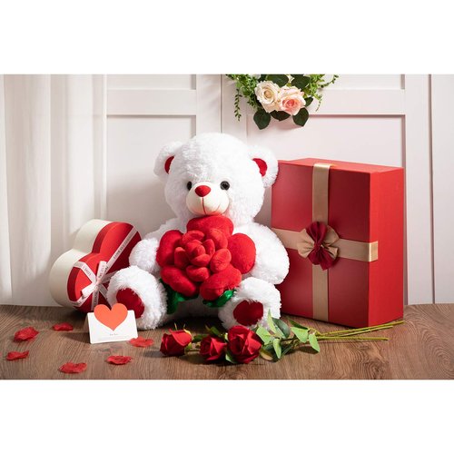 BEJOY Teddy Bear Stuffed Animals Plush Bear Holding Rose Soft Plush Toy Valentine's Day, 16 Inch, White
