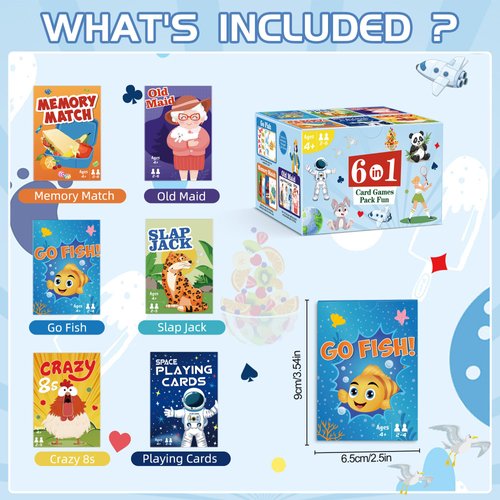 Card Games,6 Decks,Go Fish,Old Maid,Crazy 8s,Memory Match,Slap Jack,Space Playing Cards,Fun Game Cards for Kids Toddlers and Adults,Family Party Table Games, Stocking Stuffers Gifts for Kids