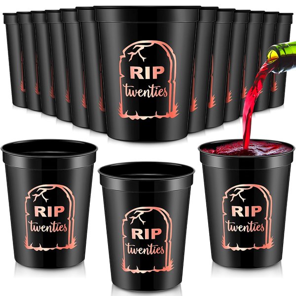 Remerry 24 Pcs Death to My 20s Thick Cup, 16 oz Gothic 30th Birthday Party Black Plastic Tumbler Cups, Stadium Cups Rip Twenties 20s Birthday Decorations for Party Supplies(Rose Gold Print)