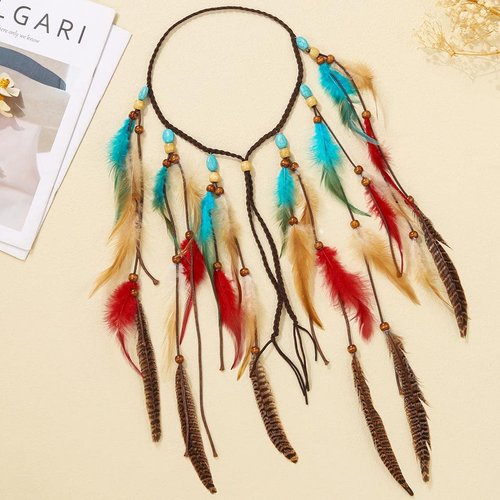 GORTIN Boho Feather Headband Hippie Headpiece White Gypsy Costume Headband Indian Hair Band Festival Headdress Bohemian Feather Hair Accessory for Women and Girls (A-Blue+Red)