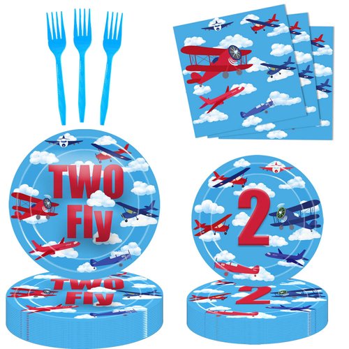 80 Pcs Airplane 2nd Birthday Party Decorations Two Fly Disposable Paper Dinner Plates Napkins Forks Dinnerware for Aviation Theme Boys 2nd Birthday Party Decorations Supplies