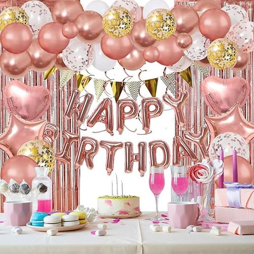 Rose Gold Birthday Party Decorations for Women Girls, Happy Birthday Banner, Rose Gold Fringe Curtain, Heart Star Foil Confetti Balloons, Hanging Swirls for Birthday Party Supplies