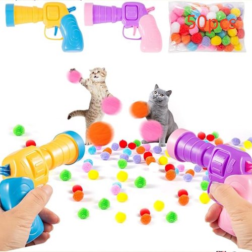 Jacsoii Cat Ball Launcher Toy, 50PCS 1.2Inch Cat Pompom Ball and 2 Cat Ball Toy Launcher, Soft Interactive Cat Balls, Active Cat Exercise Toys for Indoor Cats-Multi-Colored