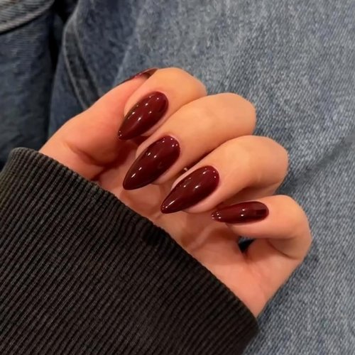 KQueenest 48 Pcs Dark Red Press on Nails Almond Medium Length, Press on Burgundy Nails, Solid Color Medium Fake Nails Acrylic, Stiletto Nails Glue on, Gel Stick on Nails for Women Finger Decoration