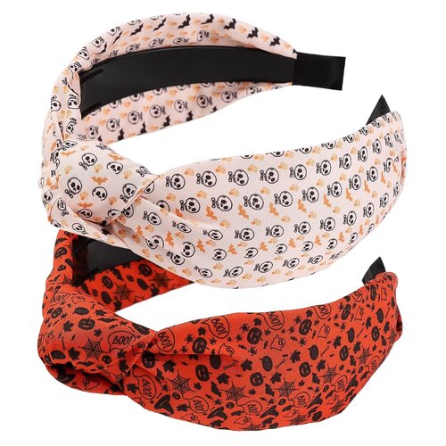 Halloween Headbands for Women, Halloween Knotted Headbands for Women, Headbands with Teeth for Women, Wide Headbands with Ghost Pumpkin Skull Bat Pattern for Halloween Women