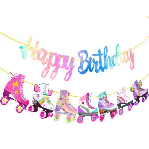 Roller Skating Birthday Party Banner Roller Skating Birthday Party Decorations Neon Rainbow Glitter Roller Skate Happy Birthday Banner for Roller Skater Themed Birthday Party Baby Shower Supplies
