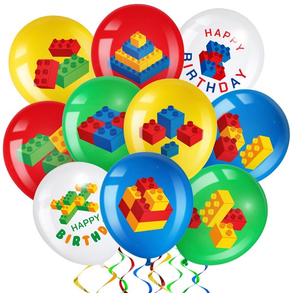 Harrycle 60 Pieces Building Blocks Themed Birthday Party Balloons, Brick Themed Balloons Decorations Building Block Party Latex Balloons Brick Party Balloons for Kids Toddlers Birthday Party Supplies