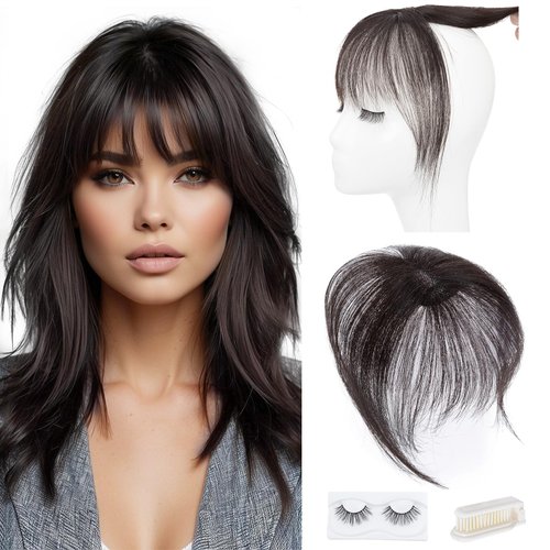 Hairro Clip On Bangs Human Hair Bangs Hair Clip In Bangs 3D 360°Cover Topper With Bangs Wispy Air Bangs Hair Pieces Fake Bangs For Women 8 Inches 43g #1B Natural Black