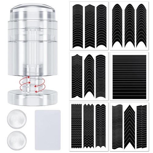 EBANKU 10 PCS French Nail Stamper Set, 6 Sheets French Tip Nail Guides, Rotatable Jelly Nail Stamper 2 PCS Silicone Replaceable Stamper Head, French Manicure Kit for Gel Polish DIY Decoration